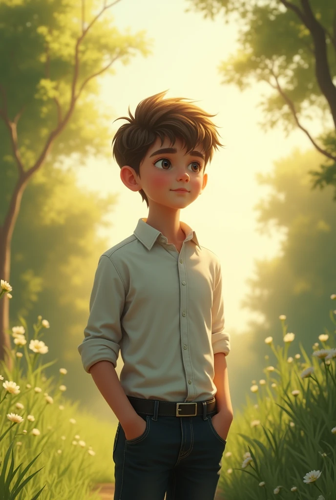 (photorealism:1.2), one boy on forest white shirt and black pant