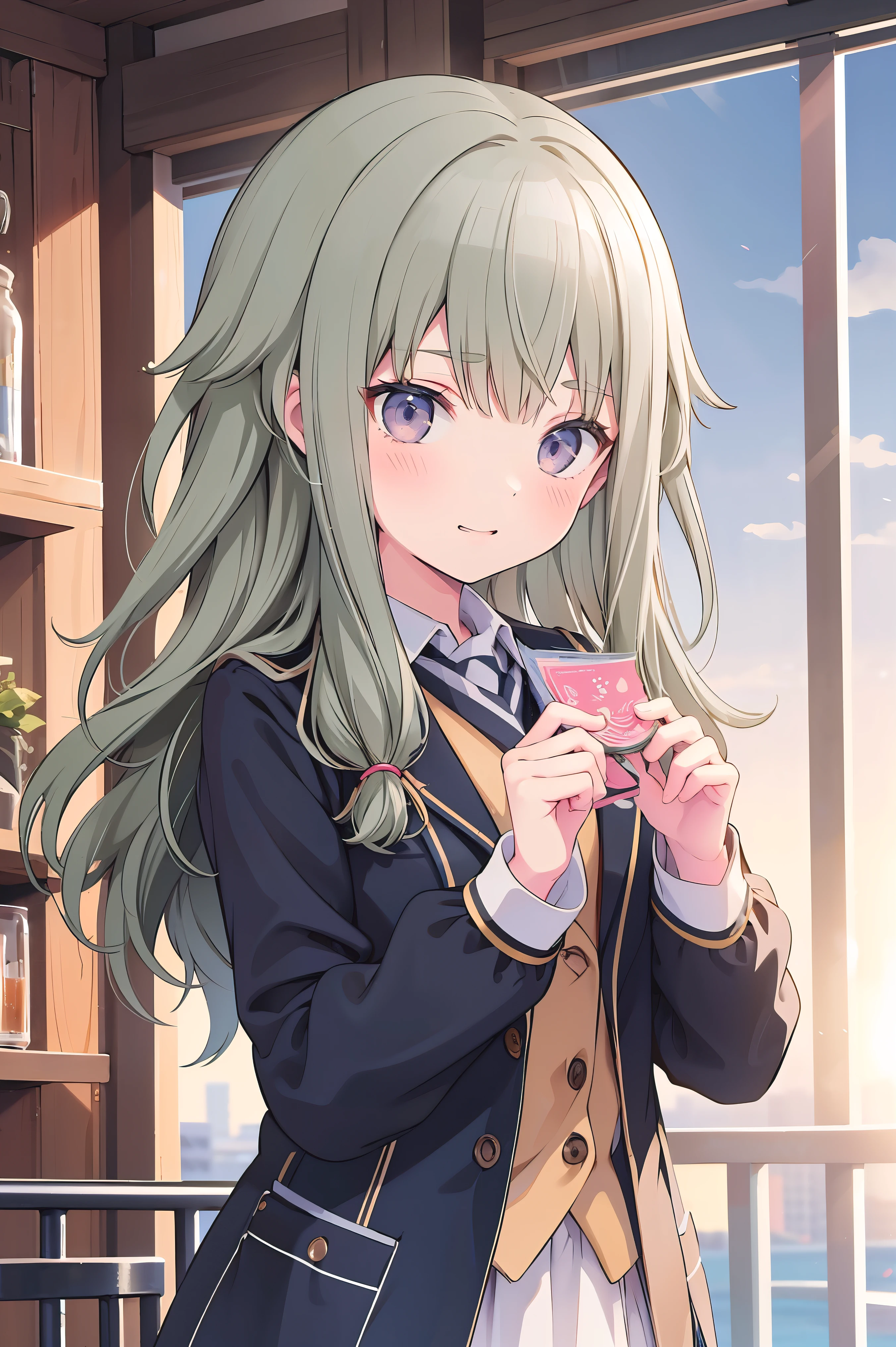 (8k, 最high quality)、Ultra-high resolution、adorable、最high quality, beautiful, (((Absurd beauty)))、masterpiece、Best image quality、(Front facing)、good feeling、smile,Face the camera、Delicate eyes、smile、Small face、girl、1 person、masterpiece, Most detailed、school uniform、blazer、high quality、wave hands、Shiny Hair、Very fine and beautiful bright eyes、Medium chest、nose blush、Very detailed, clear and beautiful face, Awards, (Anatomically correct)