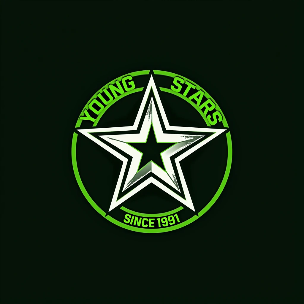 "Create an energetic logo for Young Stars Football Club using green and black. Feature a star and a football while adding the slogan 'Since 1991' in a sporty font that conveys teamwork."