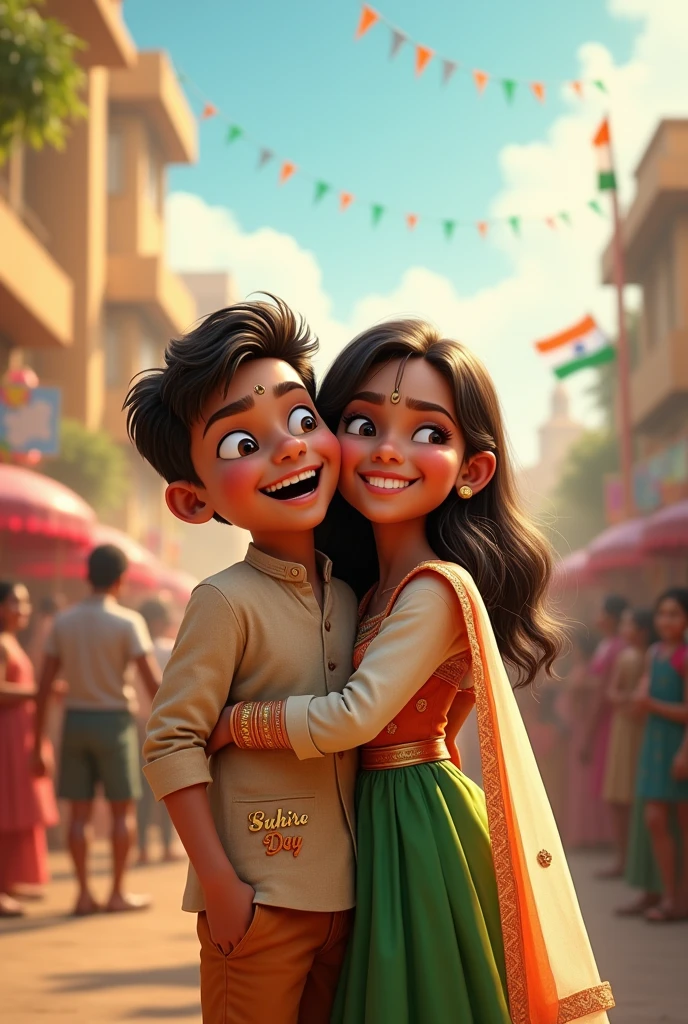 real young couple, Zahir and simran stand together, both 10 years old, joyfully celebrate Indian Independence Day. They are wearing indian outfits and zahir name is written on boy's outfit and simran written on girl's outfit. Above them, in the sky, the words "Happy Independence Day" are displayed in a bold font. The backdrop is filled with people celebrating, enhancing the festive and patriotic spirit of the day.make sure text should be correct.