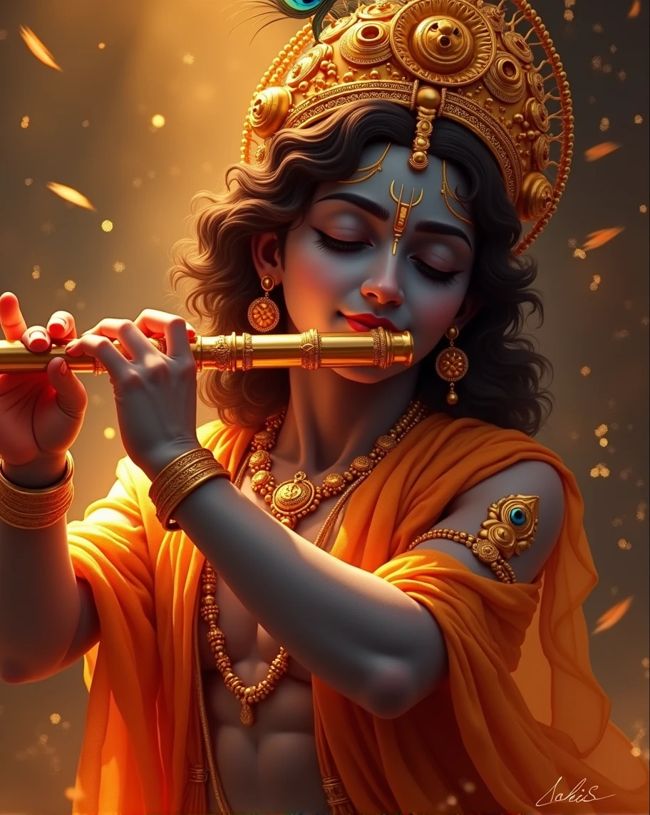 
Create an intricate, hyper-realistic image of Lord Krishna playing the flute. The scene should be bathed in golden light, highlighting the divine and ethereal atmosphere. Krishna's skin is a deep blue, and he is adorned with traditional golden jewelry and a golden crown with peacock feathers. His eyes are closed, and his expression is serene, reflecting his connection with the divine. The background should have a mix of warm and cool tones, with abstract brushstrokes blending seamlessly into the golden light, adding a sense of movement and divinity to the scene. Focus on capturing the delicate details of Krishna's features, his flute, and the rich textures of his clothing and jewelry.