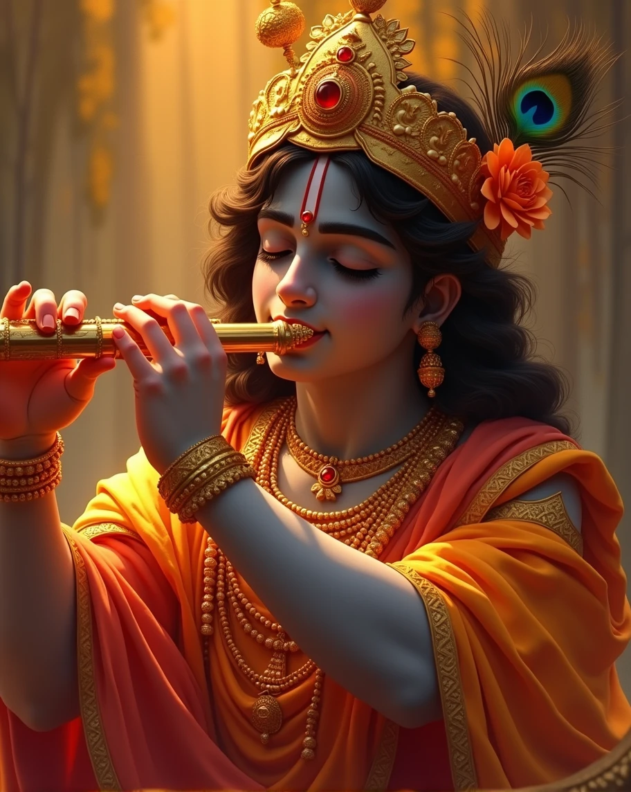 
Create an intricate, hyper-realistic image of Lord Krishna playing the flute. The scene should be bathed in golden light, highlighting the divine and ethereal atmosphere. Krishna's skin is a deep blue, and he is adorned with traditional golden jewelry and a golden crown with peacock feathers. His eyes are closed, and his expression is serene, reflecting his connection with the divine. The background should have a mix of warm and cool tones, with abstract brushstrokes blending seamlessly into the golden light, adding a sense of movement and divinity to the scene. Focus on capturing the delicate details of Krishna's features, his flute, and the rich textures of his clothing and jewelry.