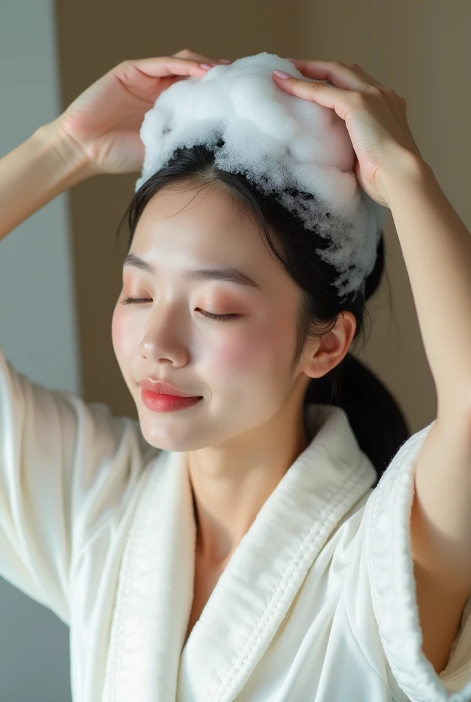 Create an Asian beauty,Wearing a white satin bathrobe,Double head scalp scratching,Washing hair with hands on top of head,There is a lot of foam on the head,Foam wrap all over hair,Realistic foam,The expression is happy,Upper Body,The characters are realistic and realistic,Bathroom Background,9:16 frames,Ultra-high-definition picture quality