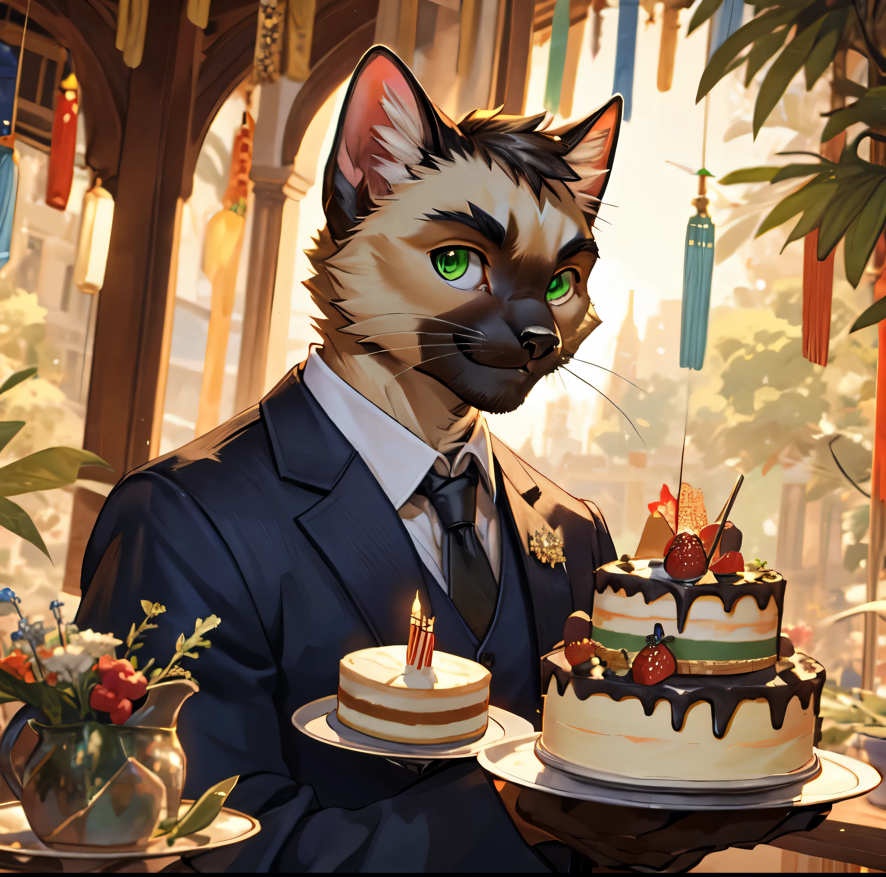 A Siamese cat, furry, masculine, greeneyes, small green claws,short hair is white, wearing a casual outfit with a prism print, smiling for the photo, while holding a small cake, decorated is delicious.
