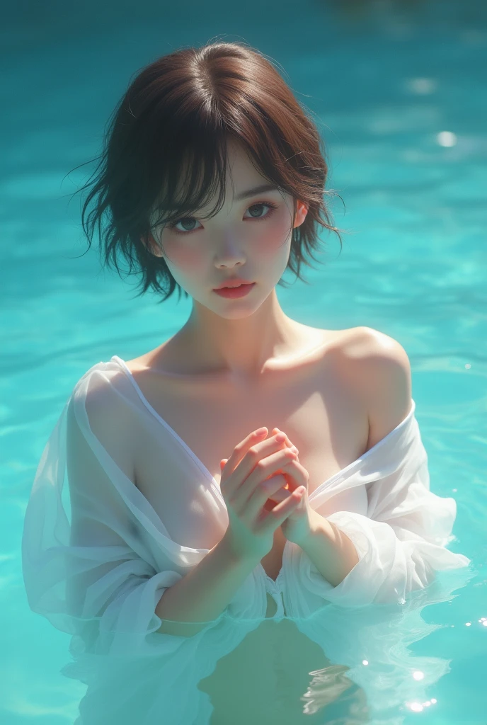 A small-breasted Japanese woman poses sexy with her hands clasped in the blue sea up to her waist　Light brown pixie hair　Wearing only a white translucent shirt on bare skin、The front of the shirt is fluttering。