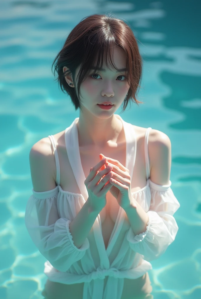 A small-breasted Japanese woman poses sexy with her hands clasped in the blue sea up to her waist Light brown pixie hair Wearing only a white translucent shirt on bare skin、The front of the shirt is fluttering。