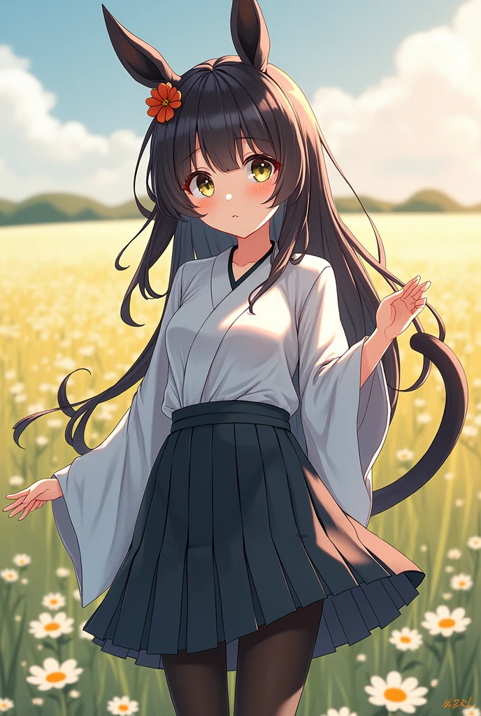 (masterpiece), (Highest quality), (Very detailed),Black Pantyhose, skirt, ear,Are standing, Flower Field,Create an anthropomorphized version of the character in the image that would appeal to a Japanese audience, incorporating elements that are culturally significant or popular in Japan, such as traditional clothing or contemporary fashion trends, and features that reflect Japanese aesthetics.