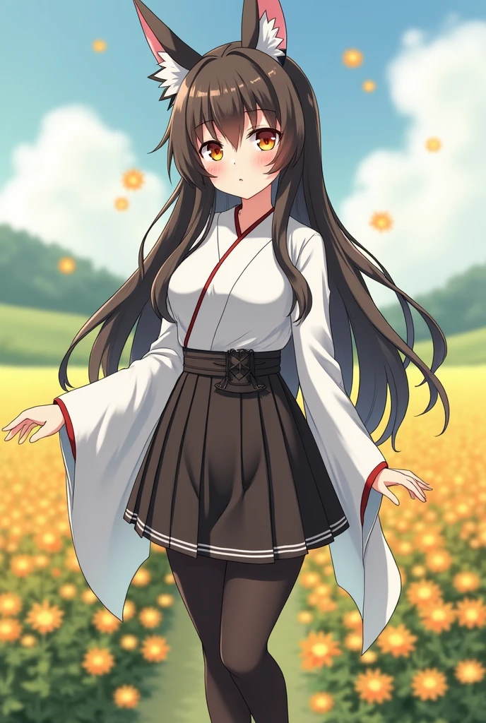 (masterpiece), (Highest quality), (Very detailed),Black Pantyhose, skirt, ear,Are standing, Flower Field,Create an anthropomorphized version of the character in the image that would appeal to a Japanese audience, incorporating elements that are culturally significant or popular in Japan, such as traditional clothing or contemporary fashion trends, and features that reflect Japanese aesthetics.