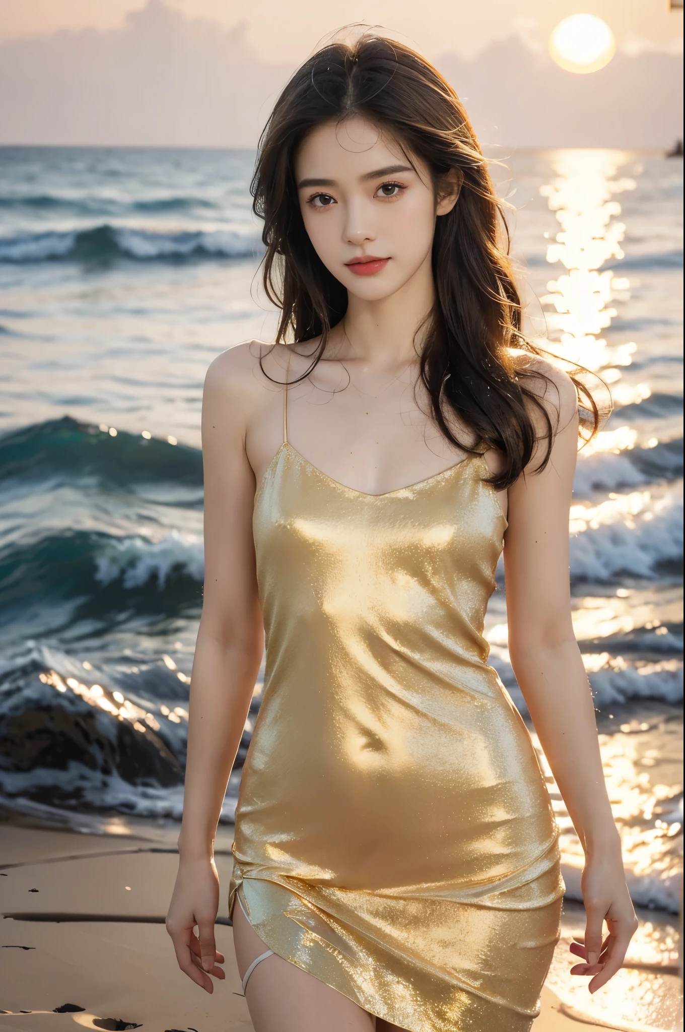 (((best quality))), (((ultra detailed))), (((masterpiece))), illustration,((1 beautiful young girl,solo)),(shoulder-length straight bob:0.8),((sweat,wet)),(shiny skin:1.5),((slim,thin)),((small breasts,flat chest)),(standing:1.3),(on golden sandy beach:1.3),(by the sea:1.3),(sunset sunlight:1.3),stunning, (golden sparkling dress:1.3),(slender legs:1.2), (fair smooth skin:1.3), (detailed eyes:1.2),(smile:1.3),delicate fabric,ethereal, adorn, azure waves,shore,foam, stillness, (evening:1.3),((from front,upper body))