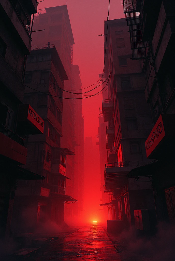 In a room in Kowloon Walled City、An illustration of red electric light leaking from a window