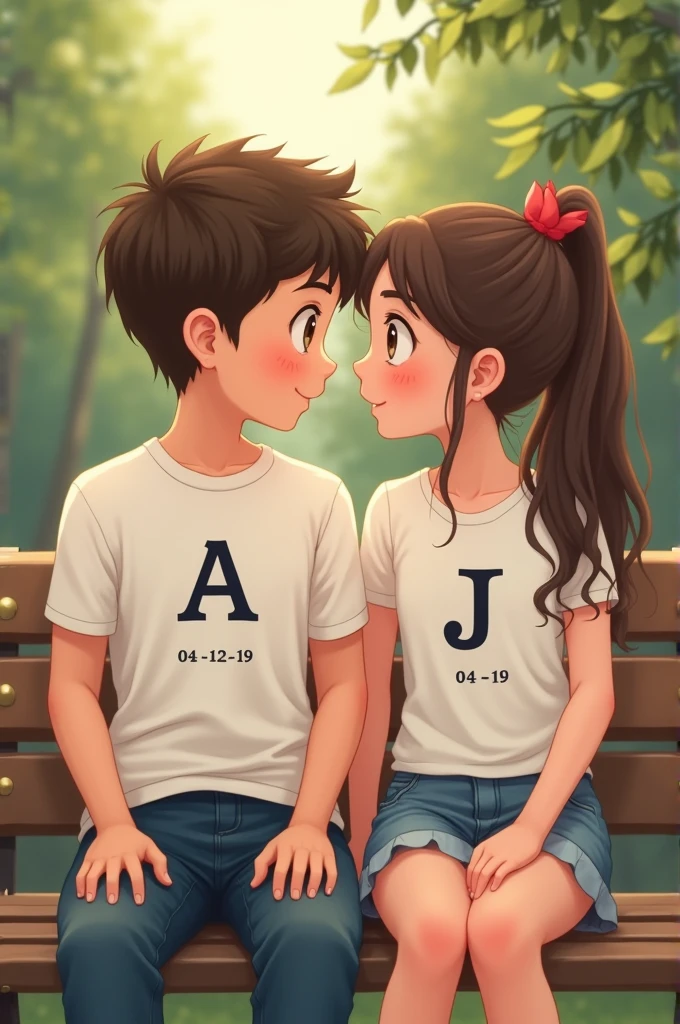 A boy and a girl on a bench wearing white t-shirts with a letter (and) and she with the letter (J) y de baJo estén los números 04-12-19