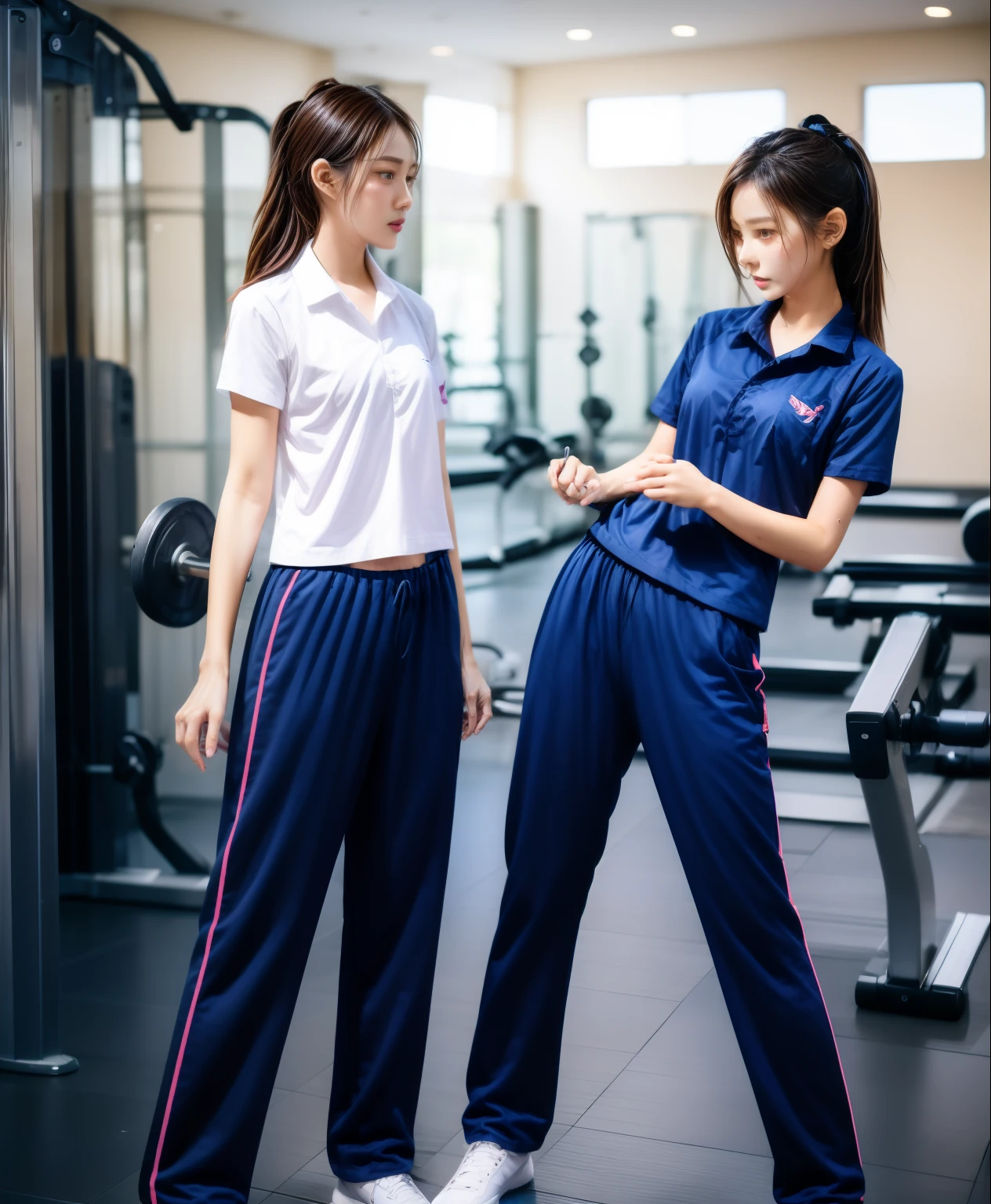 2 girls in the fitness center, Navy blue short-sleeved shirt,Navy Long Trackpant,Sweatpants, Sweatpantsขายาว,25 year old girl, lesbian, sexy, exercise clothes, wet body, exercise clothes, Gym Wear