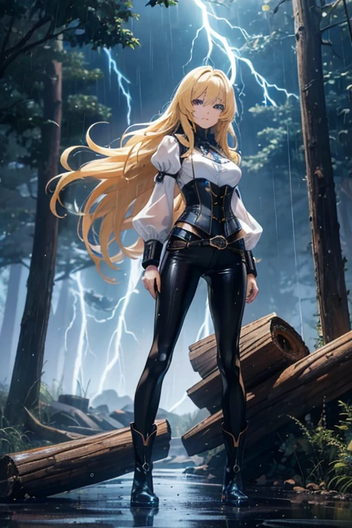 Modern anime-style digital painting of a 25-year-old female teacher in a frontal view and action pose during an autumn day, soaked by rain with dramatic lightning in the background. She is 165 cm tall, with measurements of 91-61-81 cm, and has waist-length, wavy blond hair with V bangs and bright blue eyes. Emitting a golden aura, she stands dynamically with one leg raised on a fallen log. She wears a ruffled white blouse, a black corset, skinny tight blue jeans, and high black boots, all drenched by the rain. The scene is set against rich autumn foliage and vivid lightning, enhancing the intense and mystical atmosphere.