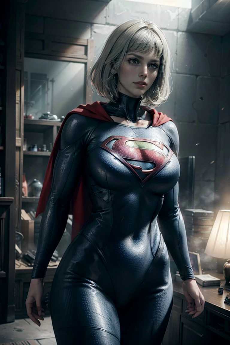 a beautiful girl with short white hair, wearing a tight supergirl costume with long sleeves, huge breasts,perfect body,wide hips (best quality,4k,8k,highres,masterpiece:1.2),ultra-detailed,(realistic,photorealistic,photo-realistic:1.37),hyper detailed facial features,extremely detailed eyes and face,longeyelashes,highly detailed costume,dynamic pose,action scene,moody lighting,cinematic composition,vibrant colors,