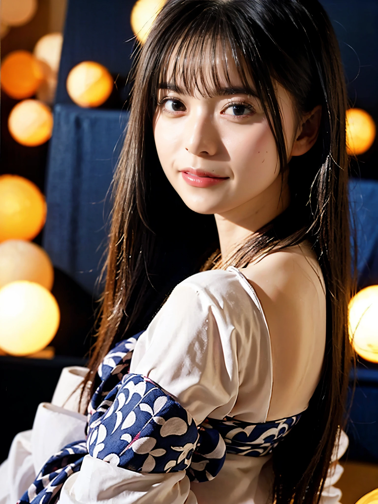 (masterpiece, Highest quality:1.4), Beautiful Face, 8k, 85mm, Floral Yukata:1.4), Beautiful woman looking back、Beautiful nape、Delicate girl, alone, night, View your viewers, Upper Body, Film Grain, chromatic aberration, Sharp focus, Face Light, Professional Lighting, Sophisticated, (smile:0.4), ( background, bokeh background:1.2), Detailed aspect