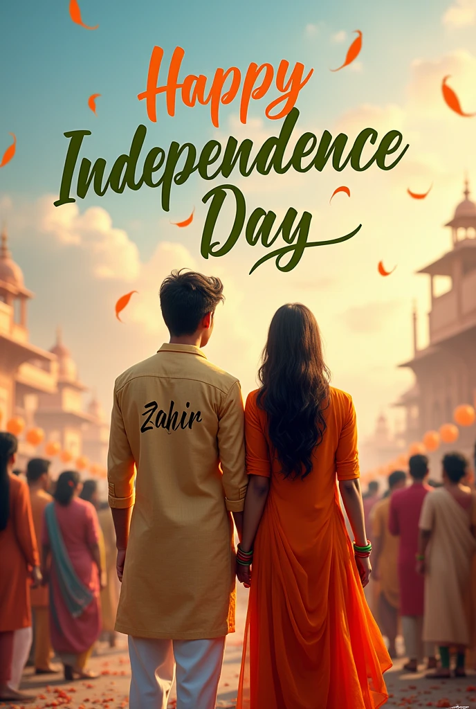 real young couple, Mabud and Sariya stand together, both 20 years old, joyfully celebrate Indian Independence Day. They are wearing indian outfits and Mabud name is written on boy's outfit and Sariya written on girl's outfit. Above them, in the sky, the words "Happy Independence Day" are displayed in a bold font. The backdrop is filled with people celebrating, enhancing the festive and patriotic spirit of the day.make sure text should be correct.
