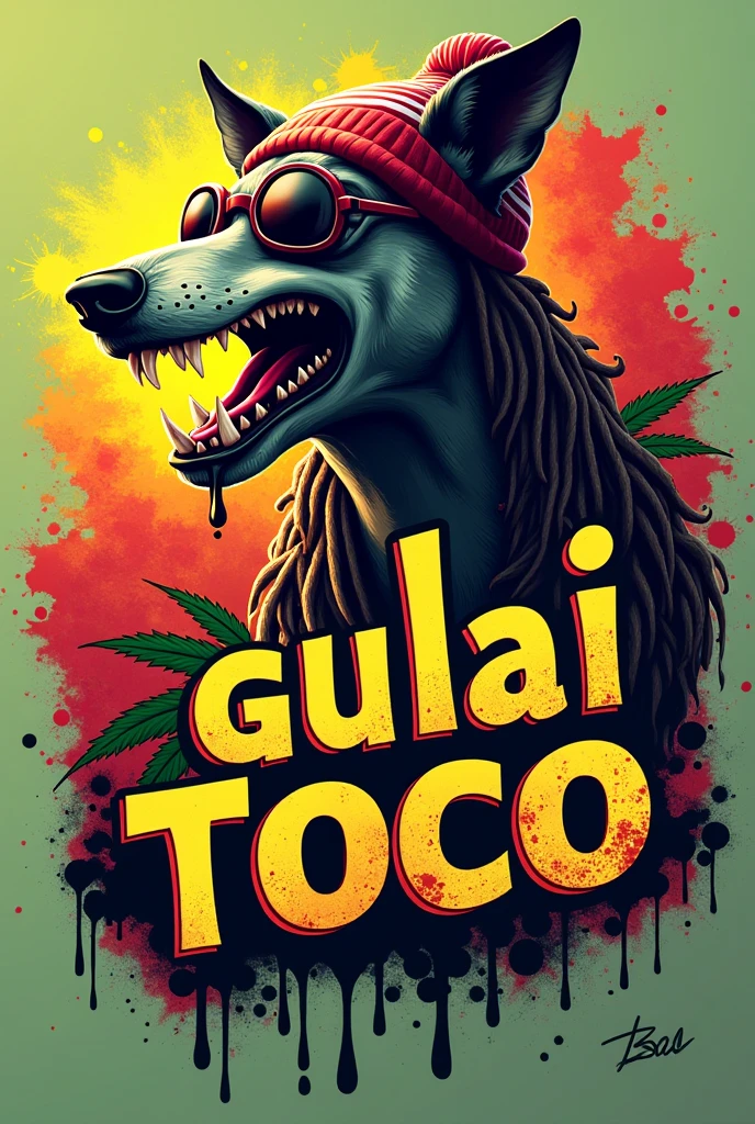 3d logo red yellow green grafitti text "gulai toco" whitish gray color greyhound mix basenji mix white malinois mix greyhound, standing roaring, grey legs, dreadlocks,wearing a hat beanie and smoking cigar cigarette,wearing cool glasses, muscular, white legs, saliva melting on sharp teeth, wearing a red and white bandana on his head. . In the lower left corner of the image, there is small writing below the text "gulai toco" which is written in cursive letters and handwritten style. ink splash red yellow green, jamaica flag mariyuana background