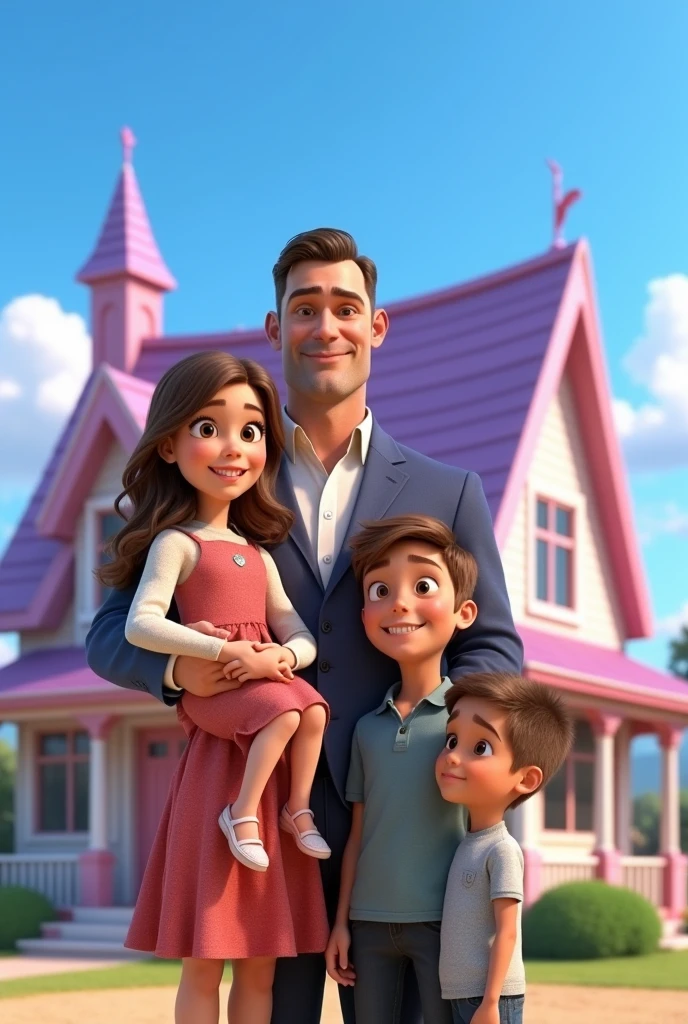 Disney Pixar movie poster in front of a house under a clear blue sky. shows the white family. His father is the tallest,. The mother has brown eyes and shoulder-length hair. one beautiful 4 girl is being held by her father on the left and two boys are standing next to mother and father. The house in the background is pink with white accents and a purple roof, giving it a magical feel. The setting looks like a sunny day with a few clouds in the sky, depicting a cheerful and carefree atmosphere. 3D Rendering