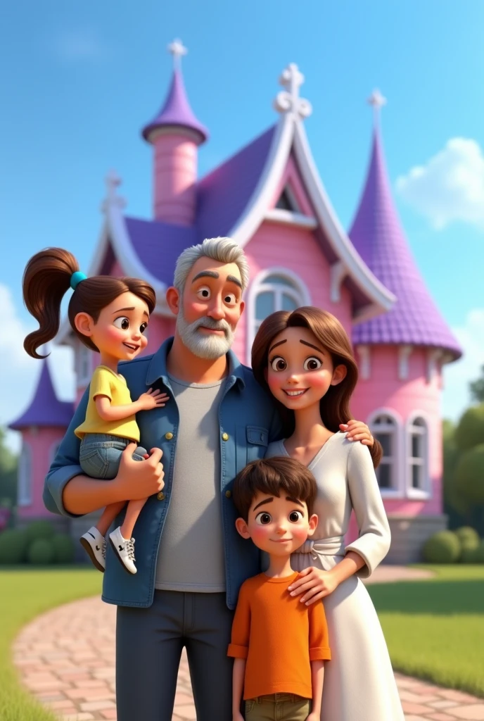 Disney Pixar movie poster in front of a house under a clear blue sky. shows the white family. His father is the tallest,. The mother has brown eyes and shoulder-length hair. one beautiful 4 girl is being held by her father on the left and two boys are standing next to mother and father. The house in the background is pink with white accents and a purple roof, giving it a magical feel. The setting looks like a sunny day with a few clouds in the sky, depicting a cheerful and carefree atmosphere. 3D Rendering