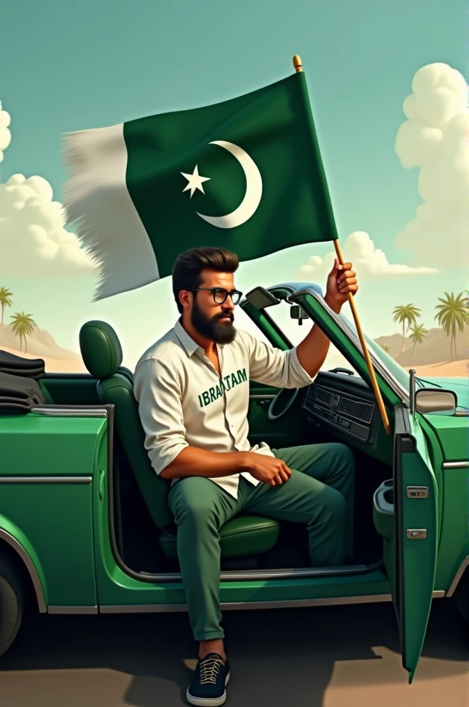 Create an image a man has in his hand Pakistan flag and sit the car this car colour is green men pent colour is white and his shoes is green and his T shirt colour is green"Ibrahim" name write in his T shirt