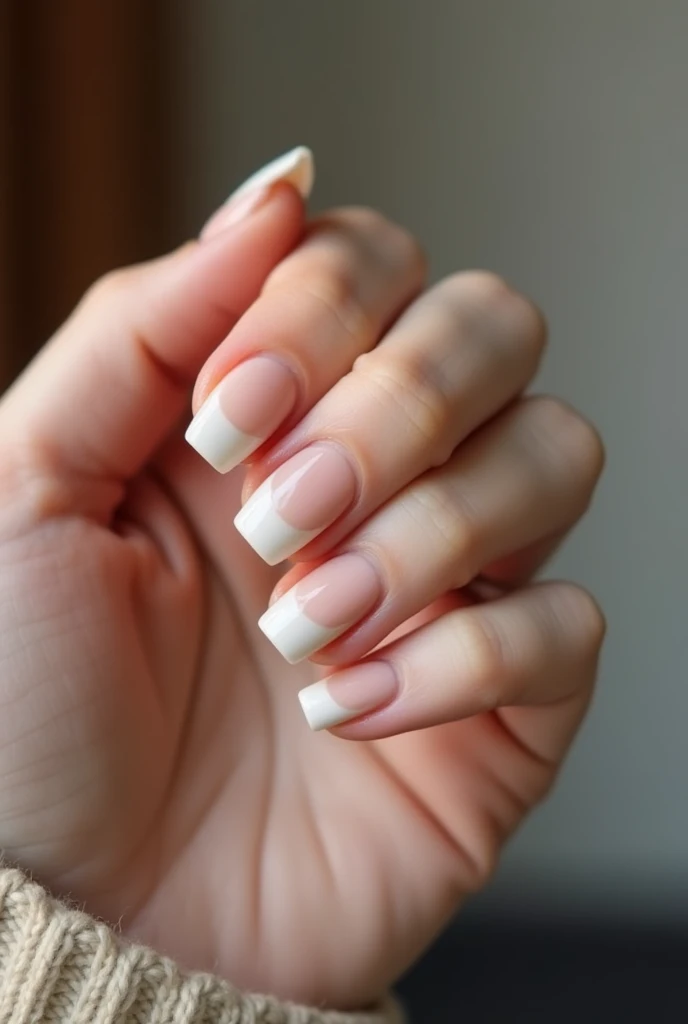 Perfect hand of a 23 year old woman, Perfect handholding, detailed image of the hand, beautiful and realist simplest nail design, Clean nail design with nude and white color combination., perfect short nail, Shot from iPhone 16 Pro Max with lens blur and Bookeh effect, realist, Full HD 24k HD