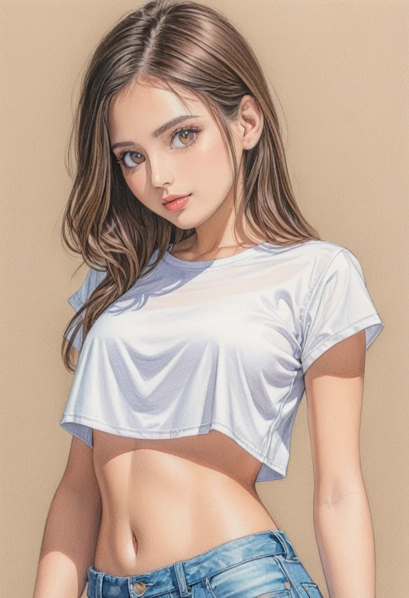 woman,Crop shirt,white,art,Colored pencil drawing,draft