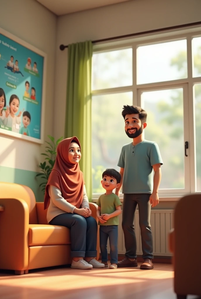 Create a 3D realistic scene of an Indonesian family visiting Puskesmas Buduran. The family consists of a mother wearing a hijab, a father, and their toddler. The mother is dressed modestly with a hijab, and the father is in casual Indonesian attire. The toddler, about 2-, is either being held by the mother or standing close to the parents, looking curious and cheerful. The setting is the waiting room of Puskesmas Buduran, with comfortable chairs, health posters on the walls, and natural light coming through large windows. The atmosphere should be warm, welcoming, and reflect the cultural nuances of Indonesia. Buduran Health Center wrote