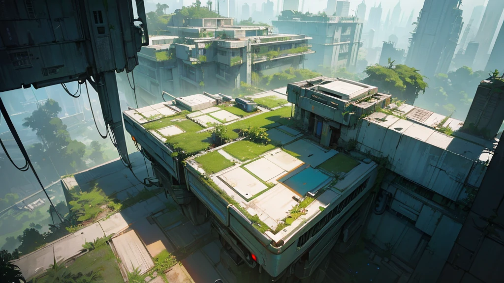 An abandoned futuristic city covered in vegetation, cyberpunk style, aerial view, dystopian and overgrown plants, ruined architecture, neon lights, moody lighting, dramatic shadows, soft color palette, cinematic composition, high quality, 8k, hyper-detailed, photorealistic, studio lighting, physics-based rendering, RPG setting from above, like a tabletop RPG