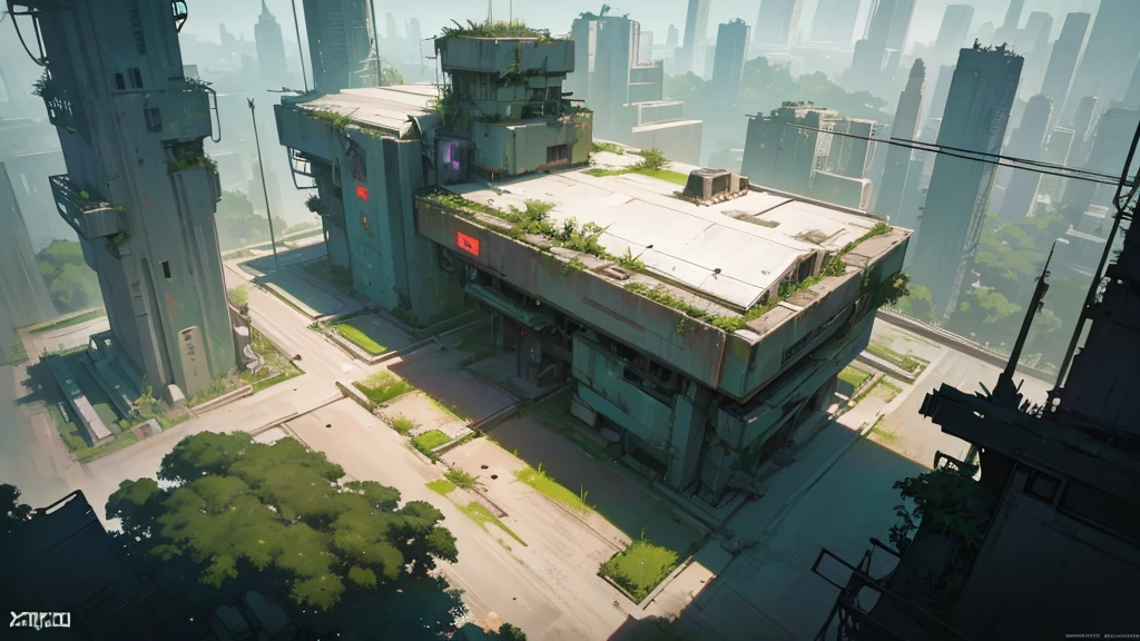 An abandoned futuristic city covered in vegetation, cyberpunk style, aerial view, dystopian and overgrown plants, ruined architecture, neon lights, moody lighting, dramatic shadows, soft color palette, cinematic composition, high quality, 8k, hyper-detailed, photorealistic, studio lighting, physics-based rendering, RPG setting from above, like a tabletop RPG