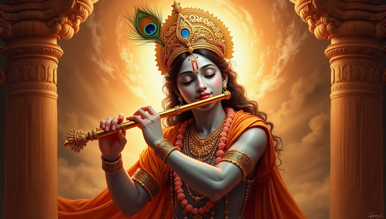 Create an intricate, hyper-realistic image of Lord Krishna playing the flute. The scene should be bathed in golden light, highlighting the divine and ethereal atmosphere. Krishna's skin is a deep blue, and he is adorned with traditional golden jewelry and a golden crown with peacock feathers. His eyes are closed, and his expression is serene, reflecting his connection with the divine. The background should have a mix of warm and cool tones, with abstract brushstrokes blending seamlessly into the golden light, adding a sense of movement and divinity to the scene. Focus on capturing the delicate details of Krishna's features, his flute, and the rich textures of his clothing and jewelry.
