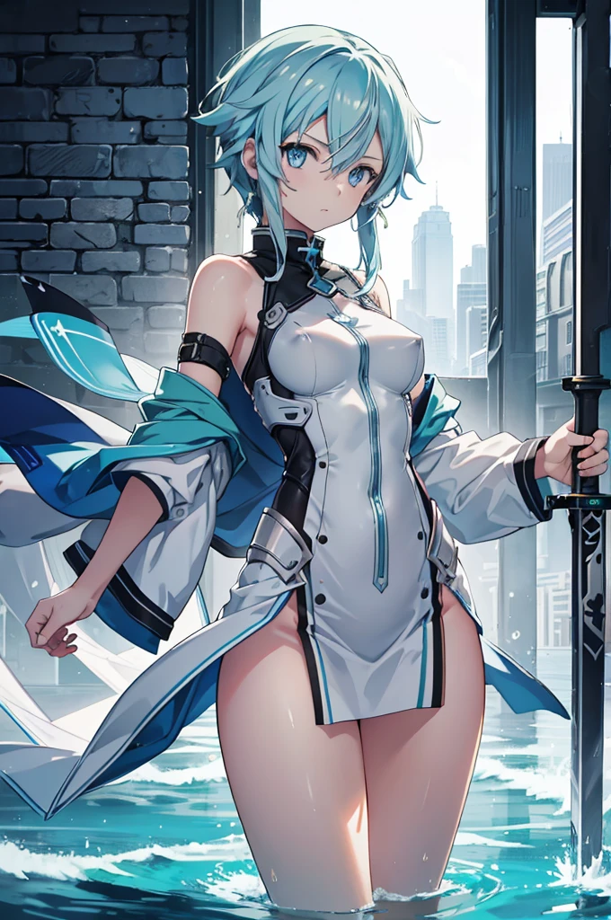 1girl, 18 year old female, Sinon, Sword Art Online, anime style, ultra realistic, high detail, sexy pose, sexy, beautiful, exposed skin, slender, skinny, exposed breast, breast, nipples, vagina, nude, nudity, absurdres, high res, ultrasharp, 8K, UHD, retina, masterpiece, accurate, anatomically correct, perfect anatomy, textured skin, super detail, high details, high quality, award winning, best quality, high res, looking at viewer, detailed eyes, four fingers and one thumb per hand, perfect hands, perfect finger, two arms only, no clothes, revealing, blue hair, blue eyes