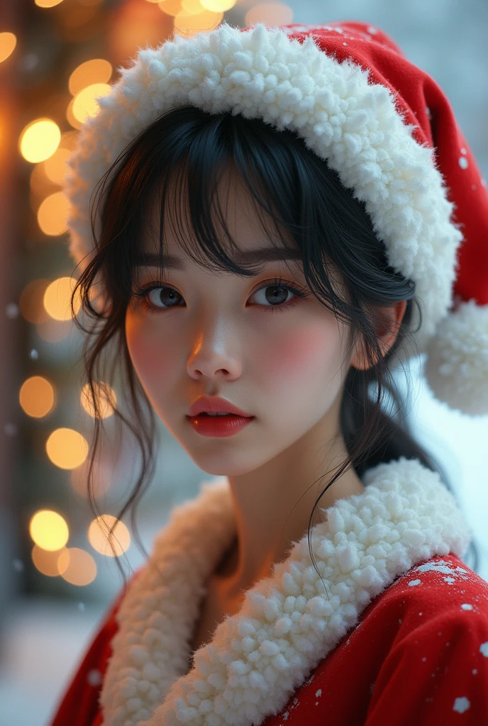 A japanese woman in santa claus costume, smile,beautiful detailed eyes, droppy eyes,beautiful detailed lips, extremely detailed face and hair, long eyelashes, intricate detailed fabric textures, santa hat, christmas lights, snowy winter background, (best quality,4k,8k,highres,masterpiece:1.2),ultra-detailed,(realistic,photorealistic,photo-realistic:2.0),vibrant colors,cinematic lighting,soft bokeh