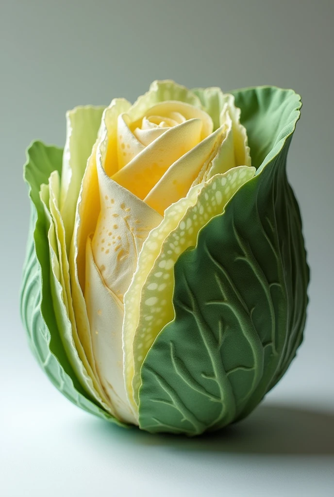 "Create an image of a 3D model of a cabbage made from fabric, water glue mix, and candle wax. The fabric should form the layers of the cabbage, with the glue mix adding a slight shine, and the candle wax giving texture to the details. Show the model from a side view to see the layers inside."
Not look like real cabbage but the fabric and candle wax material should be visible