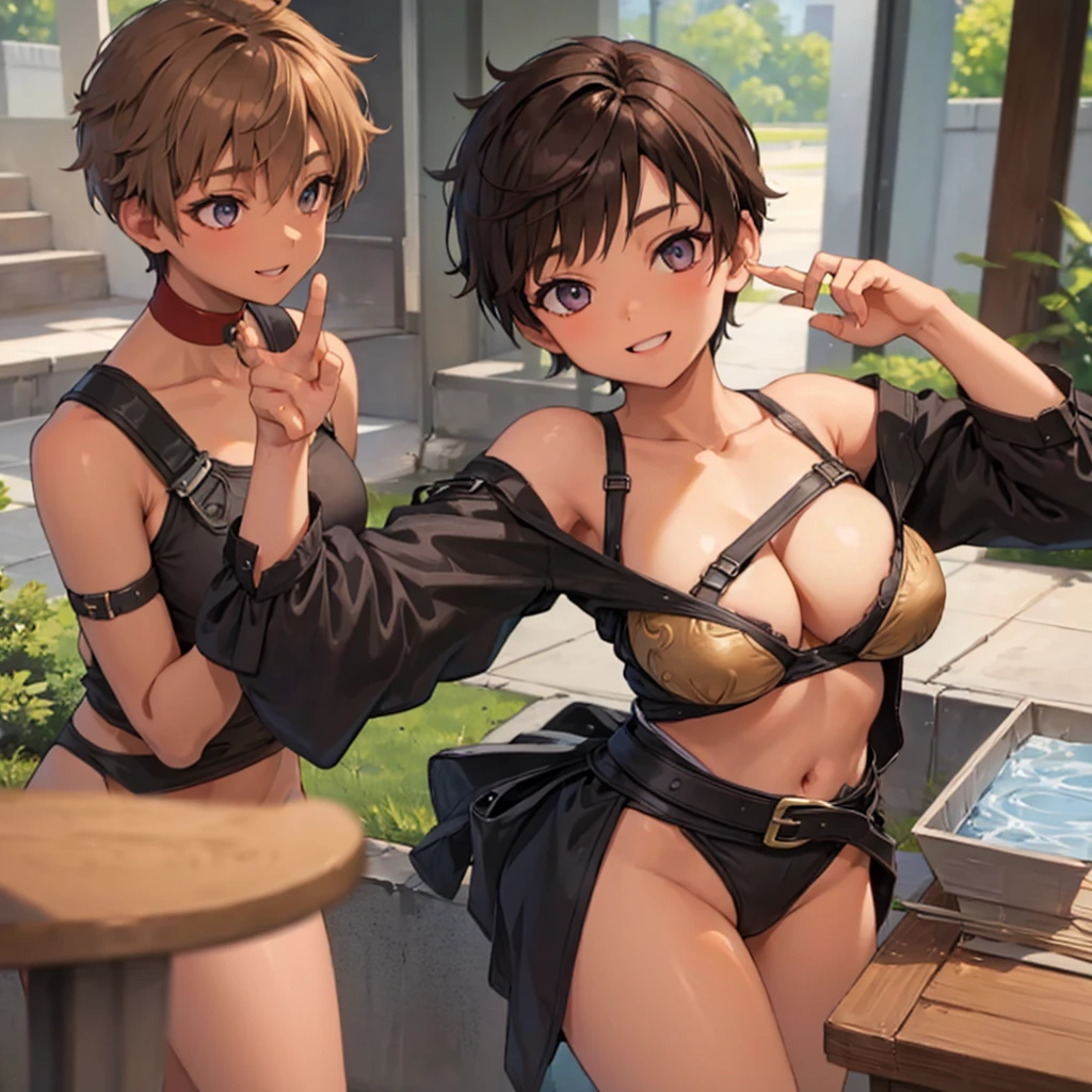 A girl with pixie mushroom haircut with light brown colored hair. Have a brown colored eyes. Have E cup bust. Make her look like a tomboy, big smile. Tan skinned