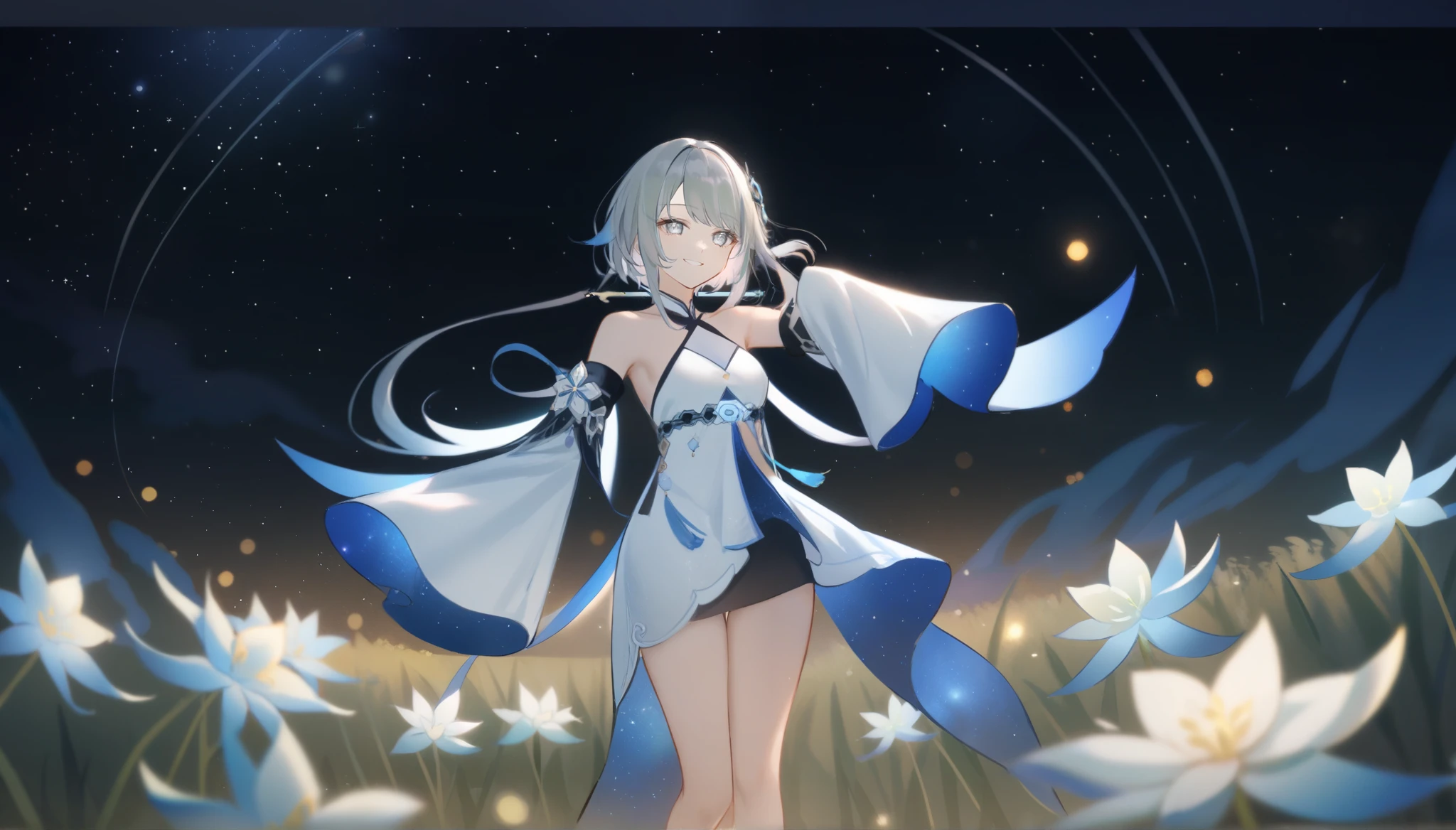 1girl, guizhong_\(genshin_impact\),light grey hair,short_hair_with_long_locks,starry_sky_print,detached_sleeves, long sleeves_past_fingers,hanfu,illustrated by matsuryuu and agahari and dsmile,pale blue eyes,stunning field of softly glowing blue and white glaze lilies,night scene,gentle smile,moonlight,glossy lips,vivid anime coloring,cel shading,smooth, soft dreamy focus,anklet,halter_top,white clothes,highly detailed,digital painting,field of flowers,bare_shoulders,wlop,barefoot,cool night tones, magical night scene,masterpiece, best quality, film, bokeh, professional, 4k, highly detailed,fireflies,Guardian nebula of rainbow light and silvery vapor,