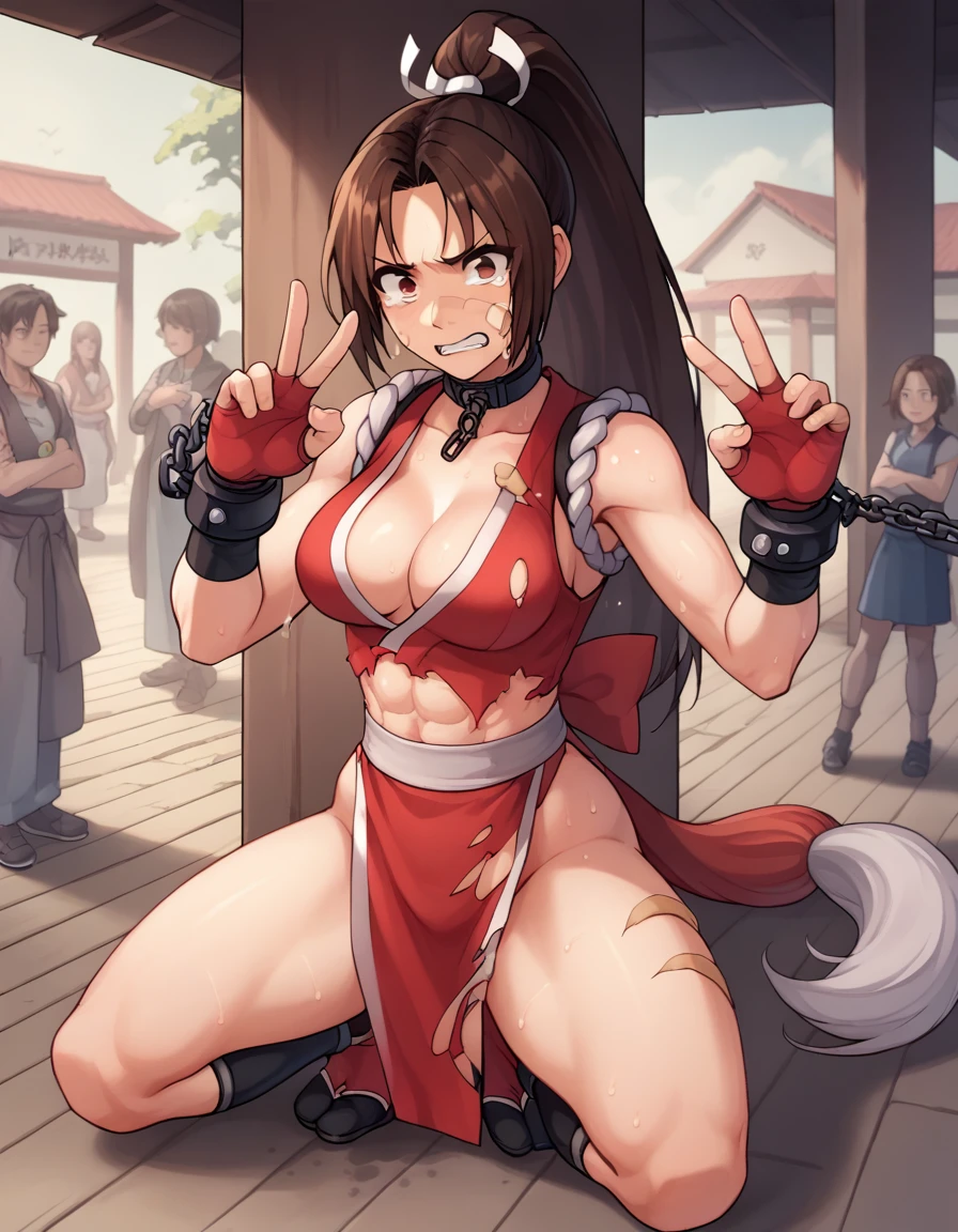 mai shiranui,, 、score_9, score_8_upper, score_7_upper, score_6_upper, score_5_upper, score_4_upper、Inspired by Japanese manga style, Manga style, How to draw manga, Digital drawing, An 8K masterpiece depicting a Japanese manga about girls in their twenties, Act as a slave, Anguished expression, A gesture of defeat, Torn clothes and black jilbab, Chained collar, spread, . Surrounded by a crowd of women. Face full of scars、Skin shiny with sweat、、 crying wet bursting out eyes, , ultra-detailed eyes,,expression of despair,Illumination that emphasizes shiny sweat{{{Spread }}},Infuriated, bandaid on face,tatteredclothing、full body,
. Six Pack Abs. Teary-eyed、Heartbroken、sniffle、downcast