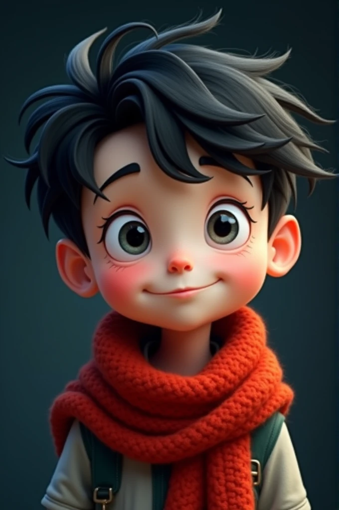 Cartoon boy, black hair, gray eyes, white skin, dark background, red scarf