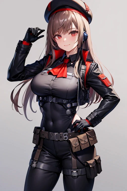 Rapi (NIKKE), Belt Pouches, Brown hair, Black hat, red ascot, beret, light smile, closed mouth, looking at the viewer, choker, gloves, ascot, Red gloves, (uniform), (bulletproof vest), utility belt, (cargo pants), black pants, Black boots, solo, long hair, (simple black background), cowboy shot, red eyes, huge breasts, (muscular body), long sleeves, (headset mic), radio