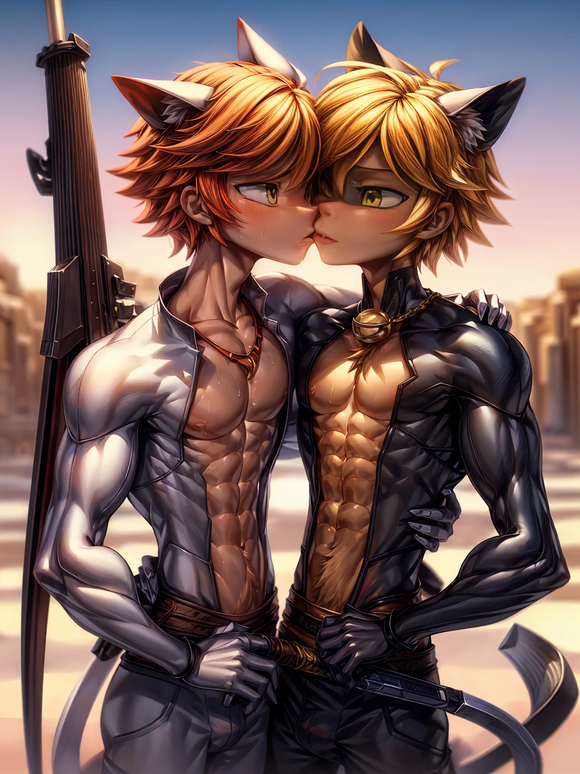 ((Two boys, 2 males, duo)) ,Gay couple,Natsu Dragneel and Gray Fullbuster kiss, ((Upper Body)), Passionate blush,  Desert Background, A muscular body with six-pack abs and pink nipples, Sweaty body, muscles and legs, Grab the waist and hug, Arms crossed, necklace, ((Good move:1.2, Good weapon:1.2, Different arms:1.2)), Sexual kissing, Deep love, sexual, gay, intense 