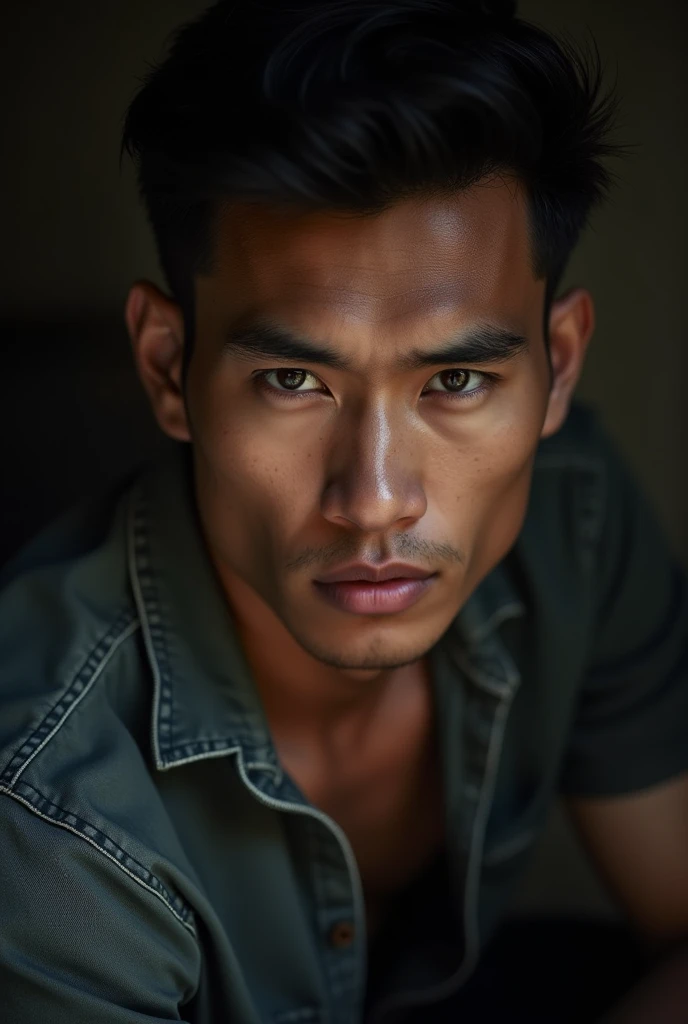 Very handsome thai man only half in casual clothing