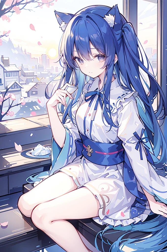 （masterpiece：1.2），Super detailed，lifelike，Expressive eyes，fair skin，perfect face shape，1 girl，
Japanese comics,Gorgeous blue hair,flowing blue hair,flowing clothes,Cat ears,Petals fall,beautiful lola,Baby Angel,
Shaking head with one hand，Cross your legs，，The pavilion is cool and comfortable,smile,back views,sunrise,Petals fall,sunrise，sitting on window sill drinking coffee and looking out the window。