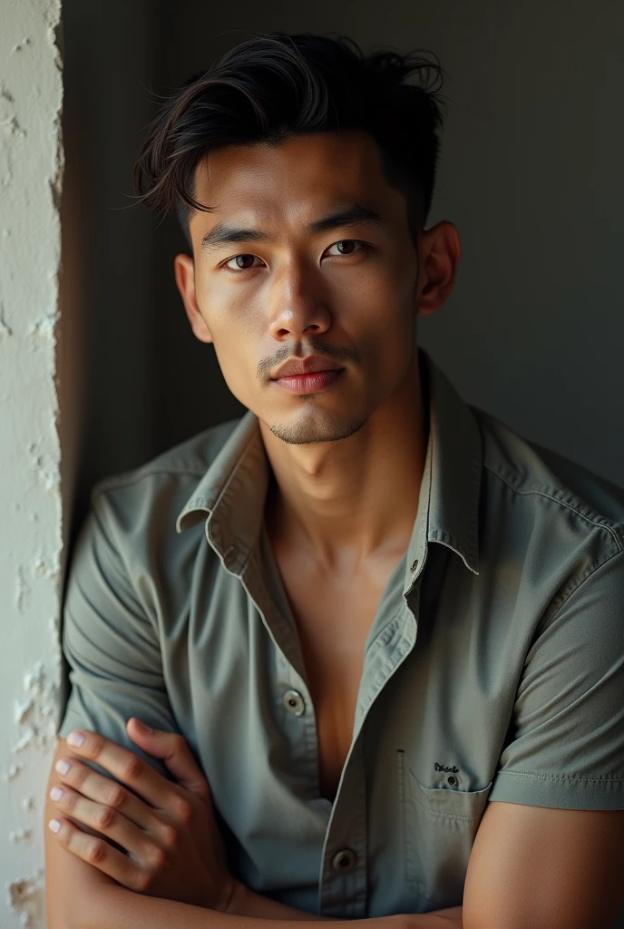 Very handsome thai man only half in casual clothing