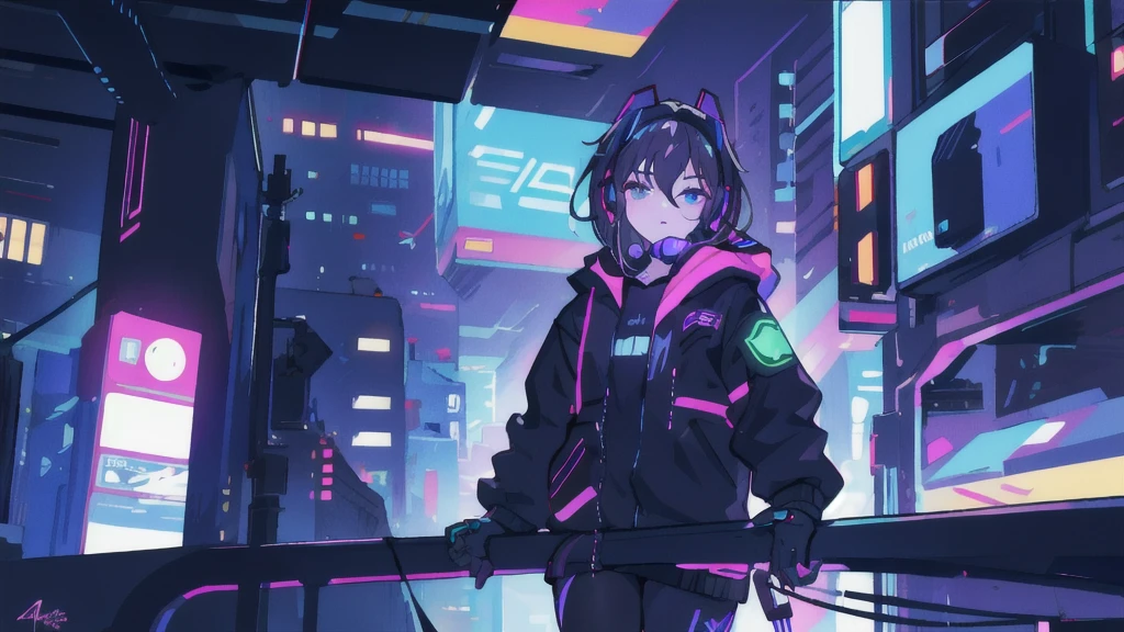 girl Black hair 4K,night city,Cyberpunk Edgerunners,4K,rgb,headset rgb