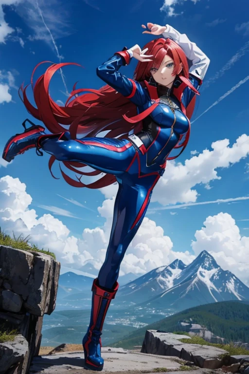 Profesora Sylara Stormblade in an anime style, as a tall, athletic Caucasian woman with long, vivid red hair and bright blue eyes. She is in a dynamic karate kick pose. Her attire includes tight-fitting blue leather pants and leather boots, which accentuate her athletic figure. The setting is a mountainous landscape, with the full-body image capturing the energy and style of anime action.