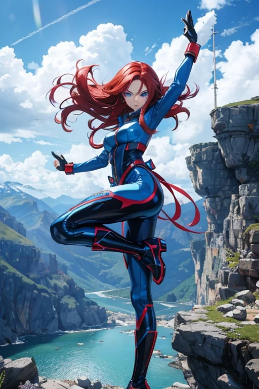 Profesora Sylara Stormblade in an anime style, as a tall, athletic Caucasian woman with long, vivid red hair and bright blue eyes. She is in a dynamic karate kick pose. Her attire includes tight-fitting blue leather pants and leather boots, which accentuate her athletic figure. The setting is a mountainous landscape, with the full-body image capturing the energy and style of anime action.
