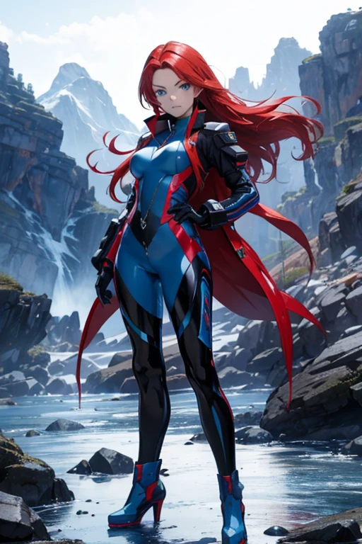 Profesora Sylara Stormblade in an anime style, as a tall, athletic Caucasian woman with long, vivid red hair and bright blue eyes. She is in a dynamic karate kick pose. Her attire includes tight-fitting blue leather pants and leather boots, which accentuate her athletic figure. The setting is a mountainous landscape, with the full-body image capturing the energy and style of anime action.