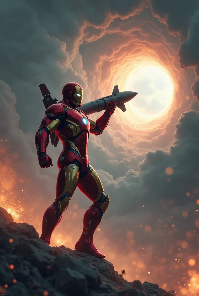 Picture of iron man holding missile and throw into space hole in sky