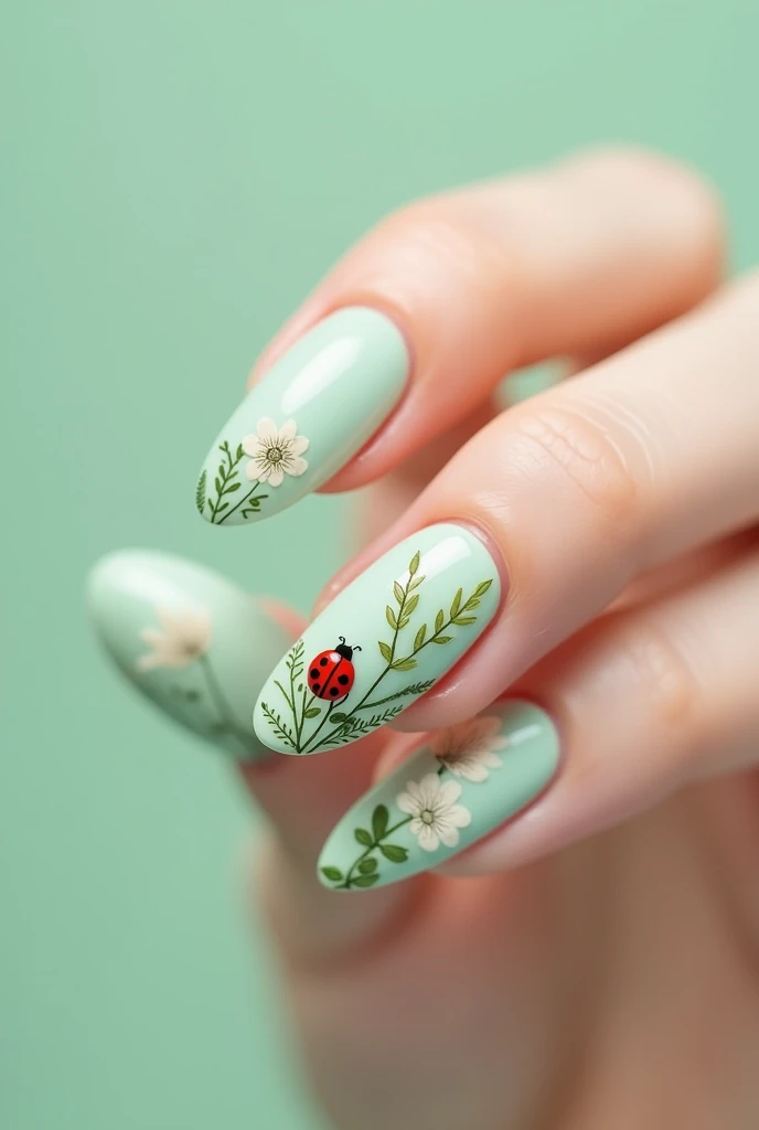 An aesthetic almond tip nail design with ladybug and plant pattern in a soft color and the background color is a mint green cat eye nail design..