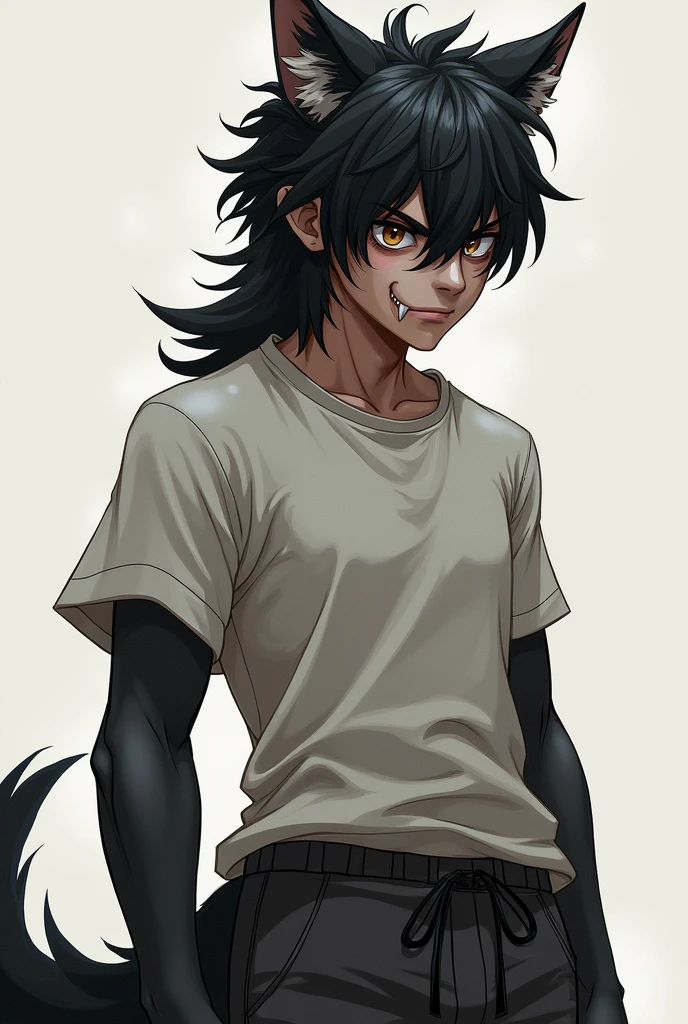 A half-wolf human, is of that race. His hair is ruffled and black, as are his ears and tail.. He is angry so he is always frowning., semi-long fangs and casual clothes, It is usually also a shirt and sweatpants. His physique is defined as a well-groomed and trained teenager.. His skin is also white, somewhat dark.