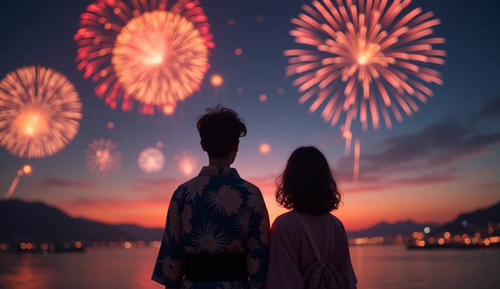 (best quality, masterpiece, ultra detailed, ultra high res, photorealistic, raw photo, absurdres, absolutely resolution), A Japanese man wearing a yukata and a woman are smiling as they watch fireworks